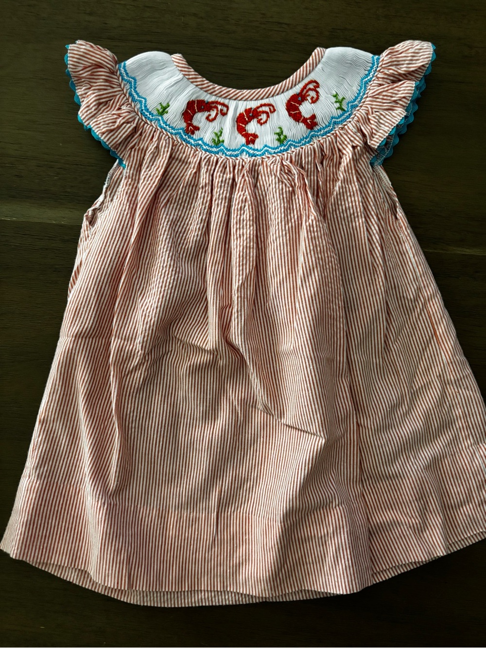 Girls' Orange Stripe Smocked Dress with Shrimp Embroidery